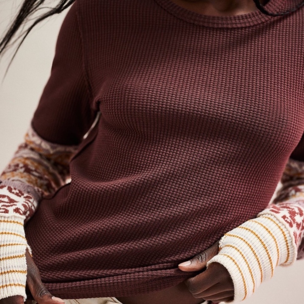 Free People We The Free All In Cuff Knit Waffle Thermal Top Medium - Picture 2 of 7